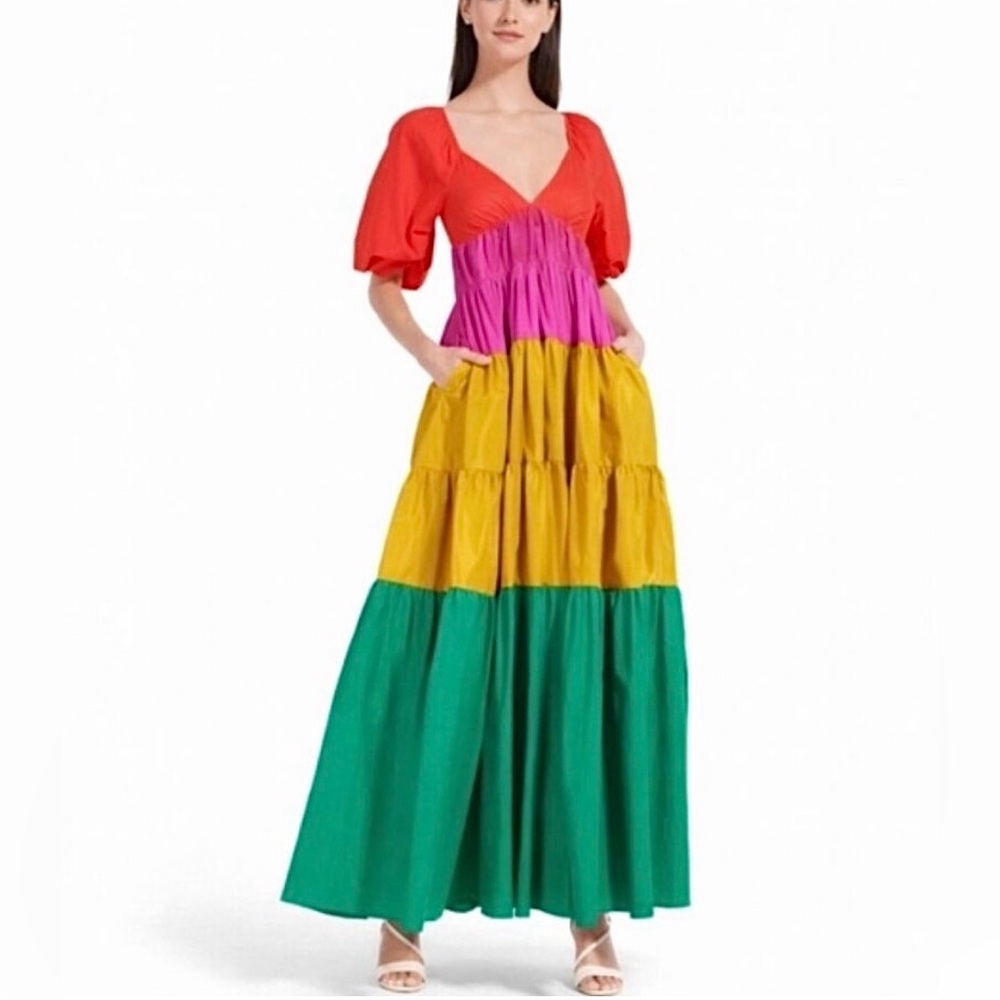 Staud Multicolor Silky Maxi Dress Tiered Design Elbow Sleeves Sweetheart Neck XS